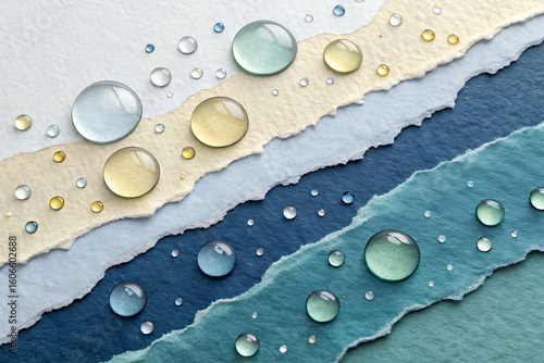 Abstract background with torn paper layers and water droplets