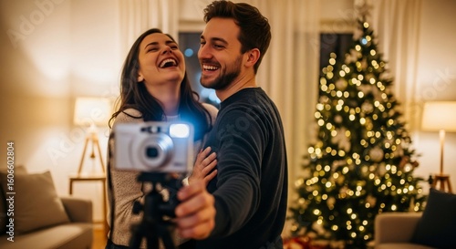 Joyful Couple Taking Selfie with Christmas Tree in Home