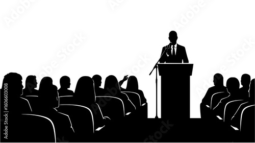 Silhouette of a speaker at a podium addressing an audience during a presentation, isolated on white background
