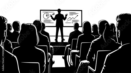 Silhouette of a presenter gesturing towards a screen with charts and graphs, addressing an audience, isolated on white background