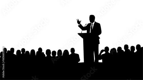 Silhouette of a speaker at a podium addressing an audience, isolated on white background