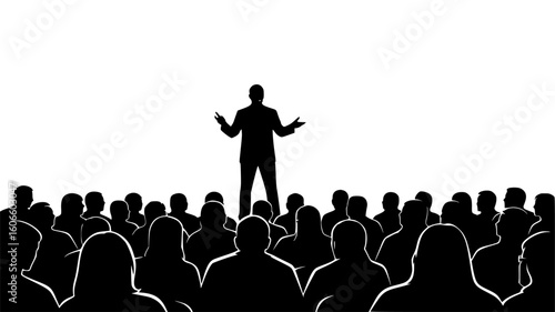 Silhouette of a speaker gesturing to an audience, isolated on white background