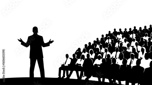 Silhouette of a confident speaker addressing a large audience, isolated on white background