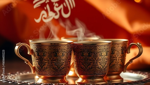 Traditional Arabic coffee cups with gold designs, steam rising against saffron fabric, warm and festive.