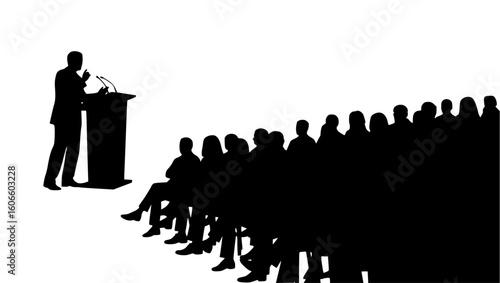 Silhouette of a speaker at a podium addressing an audience, isolated on white background