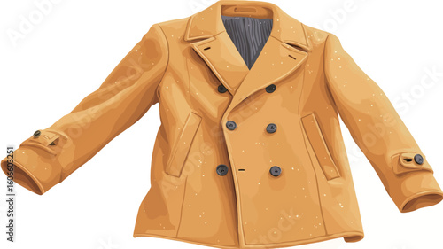 A digital illustration of a mustard yellow pea coat. The coat is double-breasted with visible buttons and flap pockets.  The coat is shown laid flat on a white background. 