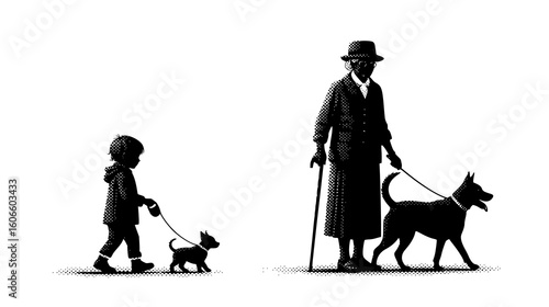 Silhouettes of a child and an elderly person walking dogs, isolated on white background