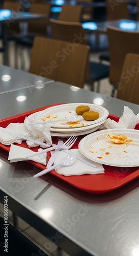Empty disposable plates and cutlery on a red tray at a busy food court.