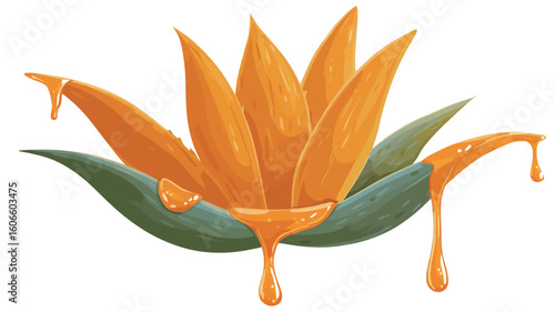 A stylized illustration of a bird of paradise flower rendered in shades of orange and green. The flower is depicted in an abstract manner, with elongated petals and a central structure from which
