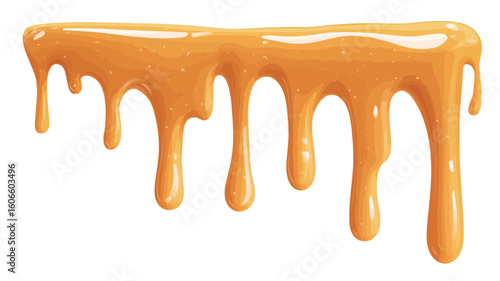 A close-up shot of a viscous, orange-colored liquid dripping downwards against a pure white background. The liquid has a glossy, shiny appearance, suggesting a thick consistency like caramel,