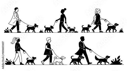Diverse group of people walking dogs on leashes in a park setting