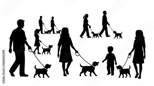 Silhouettes of people walking dogs on leashes isolated on white background