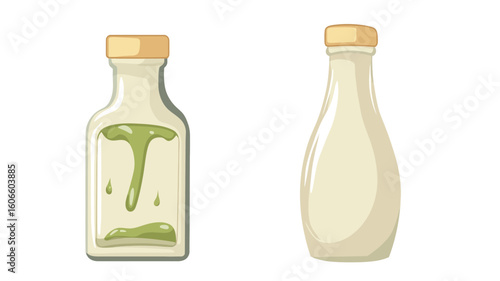 A digital illustration showing two bottles, likely depicting sauces or condiments.  The bottle on the left is partially filled with a light green substance, with some of the substance dripping down