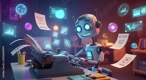 Robot generating content using artificial intelligence, typing on a futuristic typewriter for SEO copywriting automation with ChatGPT concept