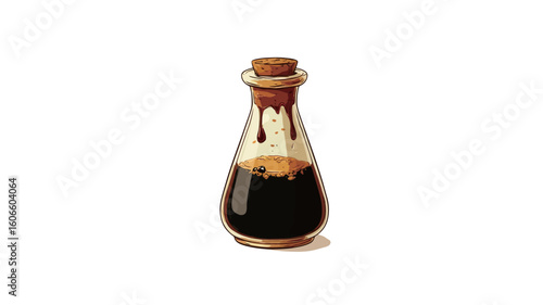 Close-up studio shot of a small, clear glass bottle with a cork stopper filled with dark brown soy sauce.  A small amount of the sauce is visible dripping down the outside of the bottle. The