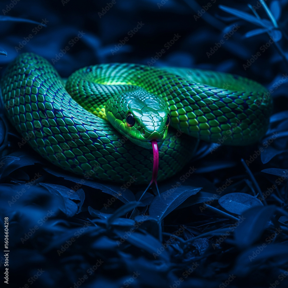 Obraz premium snake on a branch. close up of a snake. Striking snake coiled with tongue out in dark blue foliage.