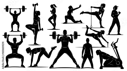 Collection of diverse fitness and exercise silhouettes isolated on white background