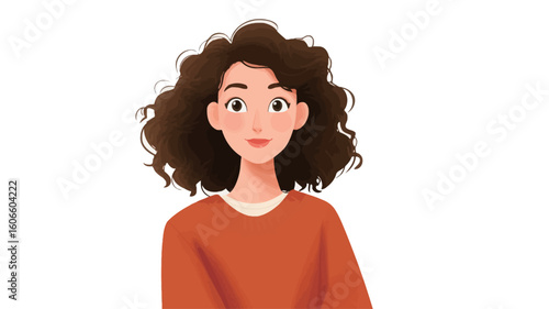 A digital illustration depicting a close-up portrait of a young woman with shoulder-length curly brown hair.  She has large brown eyes and a pleasant expression. She is wearing an orange, crew-neck