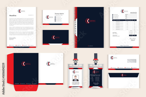 Professional corporate stationery set with business card, letterhead and invoice template
