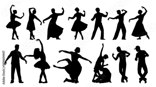 Collection of diverse dance silhouettes showcasing various ballet and performance poses isolated on white background