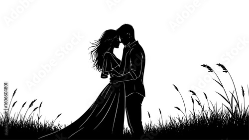 Silhouette of a couple embracing in a grassy field with wind blowing hair and dress