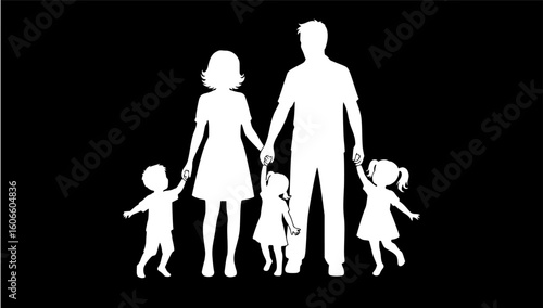 Silhouette of a family with parents holding hands and two children