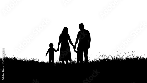 Silhouette of a family with two children, holding hands, walking in grass