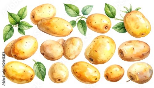 Watercolor illustration of various potatoes with leaves