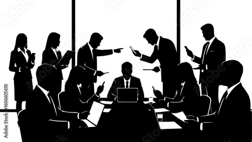 Silhouettes of business people in a dynamic meeting, actively engaged in discussion