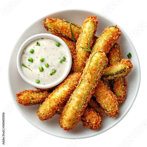 Fried pickle spears with dipping sauce isolated on transparent background