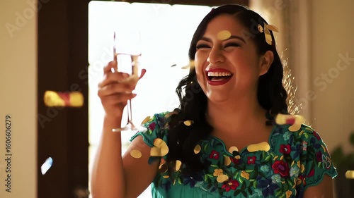 Happy Latina woman in traditional embroidered dress celebrating with champagne as confetti falls