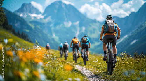 A group of active athletes and tourists ride mountain bikes along a picturesque path in the mountains on a sunny summer day — a concept of healthy recreation