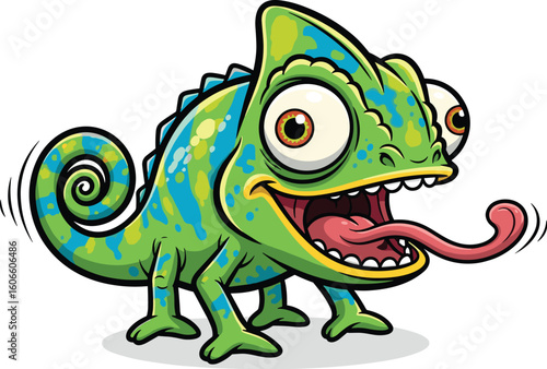 Cartoon chameleon sticks out its tongue. Fun animal, wild creature, reptile character, illustration, crazy, colorful, lizard, wildlife, nature, comic.