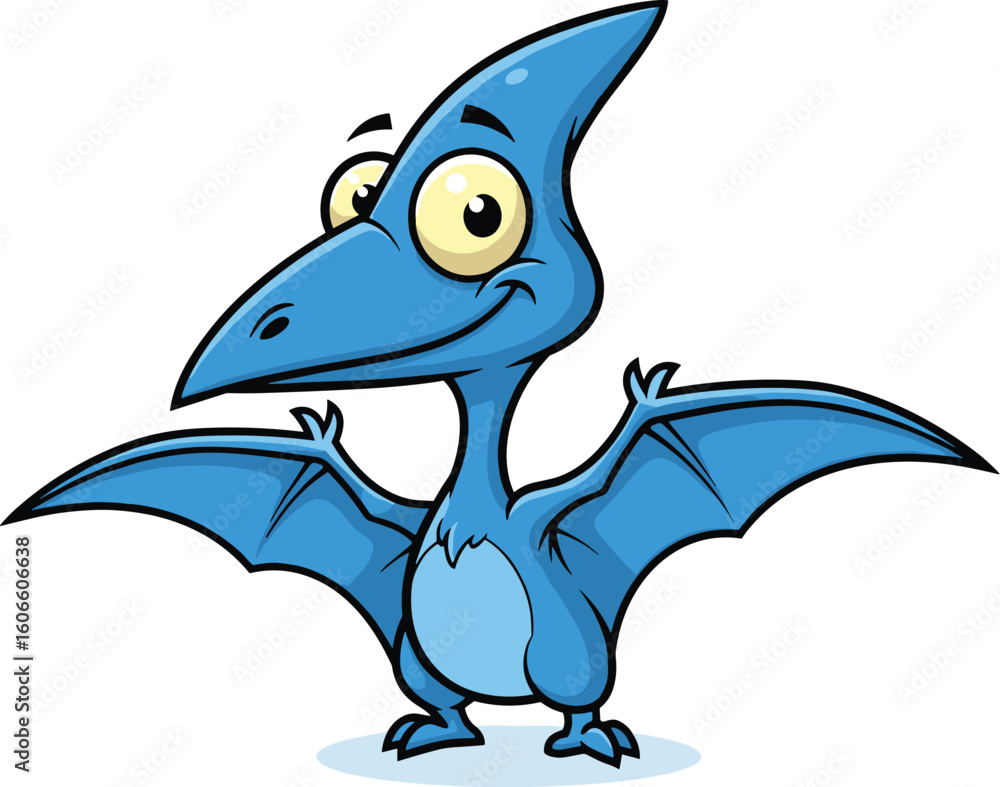 Obraz premium Cartoon pterodactyl stands, spreading wings. Prehistoric creature, extinct animal, funny, blue, dinosaur, illustration, wildlife, cartoon, nature, prehistoric, character