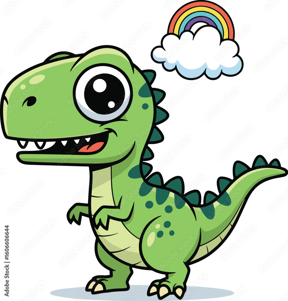 Naklejka premium Cartoon dinosaur stands near rainbow. Cute reptile with happy expression, prehistoric animal, wildlife, nature illustration, colorful, cloud, character.