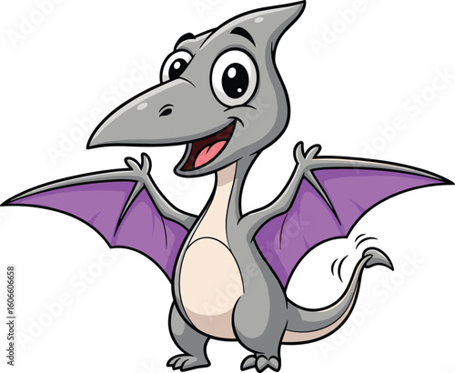 Cartoon pterodactyl smiles and waves hello. Prehistoric creature, extinct animal, reptile, cartoon dinosaur, mascot, playful, animation, paleontology.
