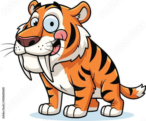 Saber-toothed tiger licks its chops playfully. Cartoon feline predator, prehistoric mammal, wildlife, illustration, extinct, playful, animation, feline