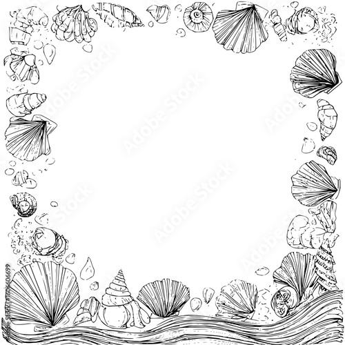 Seashells and pebbles arranged as a border frame with water waves at the bottom edge of the image