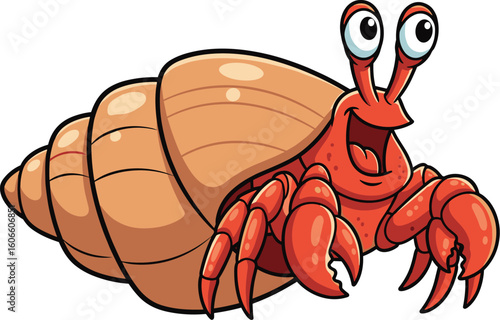 Cartoon hermit crab in shell smiles widely. Cute animal, sea life, ocean creature, happiness, illustration