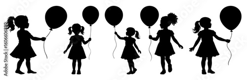 Little Girl Holding a Balloon, Black Silhouettes Vector Collection on White Background