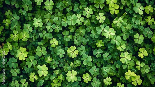 Lush green clover field background texture of three and four leaf clovers overhead