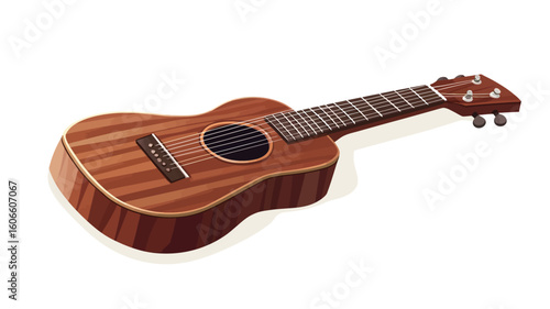 A high-angle, full shot of a soprano ukulele lying on a white background. The ukulele is predominantly brown with wood grain visible. It is shown at a slight angle, revealing its front, side, 