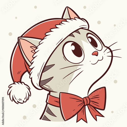 Cute Christmas Cat with Santa Hat and red Bow, Festive Cartoon Illustration