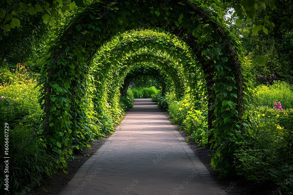 Obraz premium Lush greenery tunnel over brick pathway through a botanical garden with summer flowers