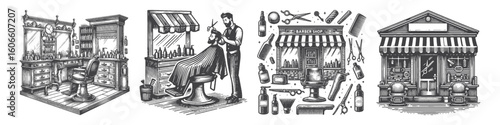 Vintage Hand-Drawn Barbershop Stand Collection Illustration, Classic Salon Engraved Style Vector for T-Shirts and Barber Shop Themes Design