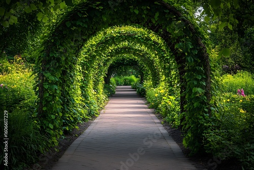 Fototapeta Naklejka Na Ścianę i Meble -  Lush greenery tunnel over brick pathway through a botanical garden with summer flowers