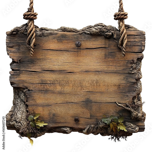 Rustic wooden signboard with rope knots and leaves isolated on transparent background