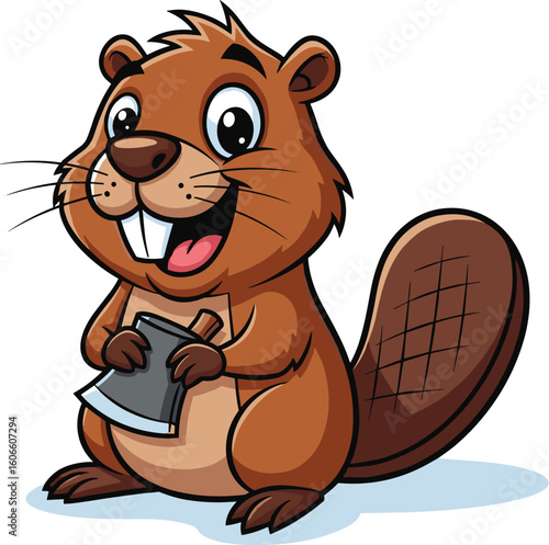 Beaver holds axe smiling. Woodcutter, cartoon mascot, lumberjack, forest animal, wildlife, nature