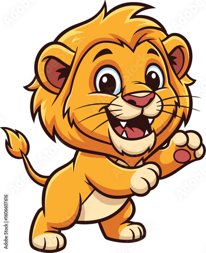 Cartoon lion cub waves happily. Cute lion character, animal illustration, playful, cartoon, vector