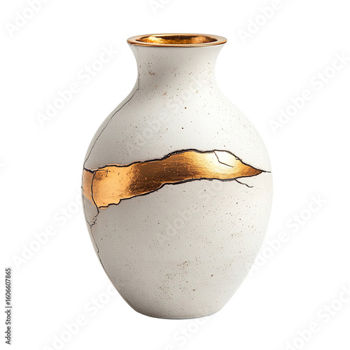White ceramic vase with gold crack design isolated on transparent background